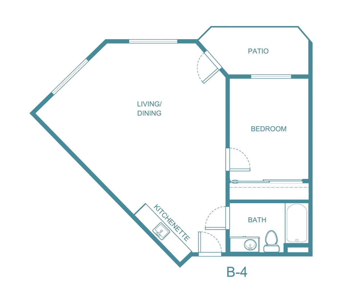 A floor plan of a one-bedroom apartment with a living/dining area, kitchen, bathroom, bedroom, and patio.