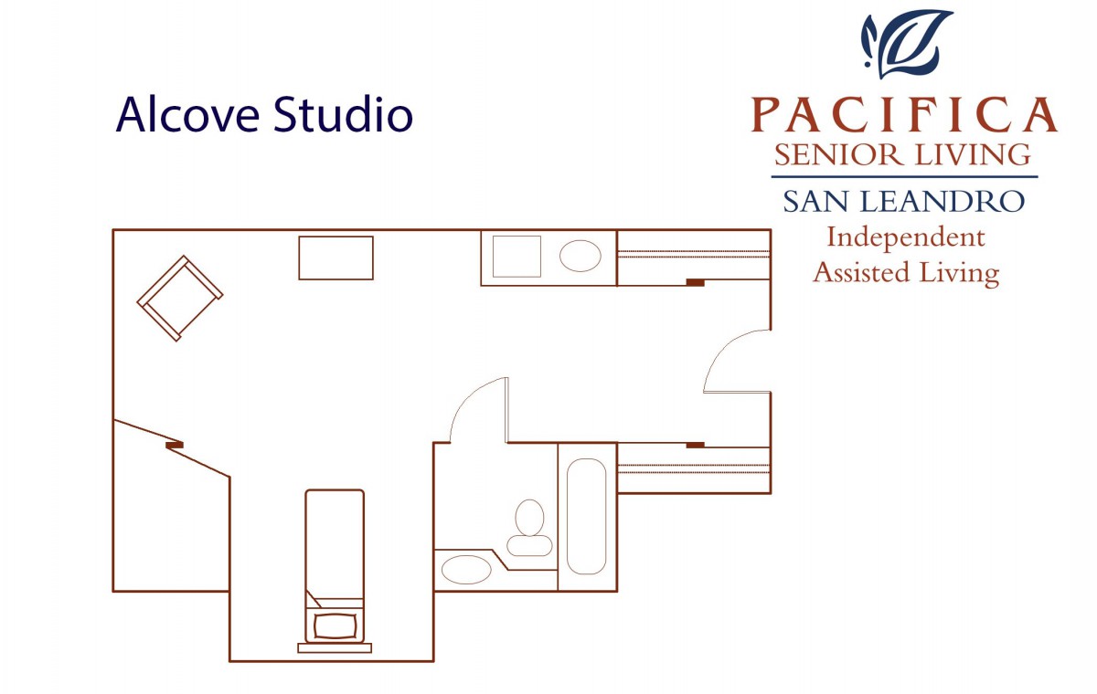 Floor plan of a studio apartment at Pacifica Senior Living.