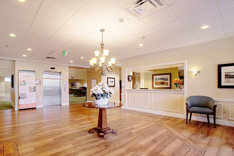 A bright and welcoming lobby with a chandelier, hardwood floors, and a decorative plant centerpiece.