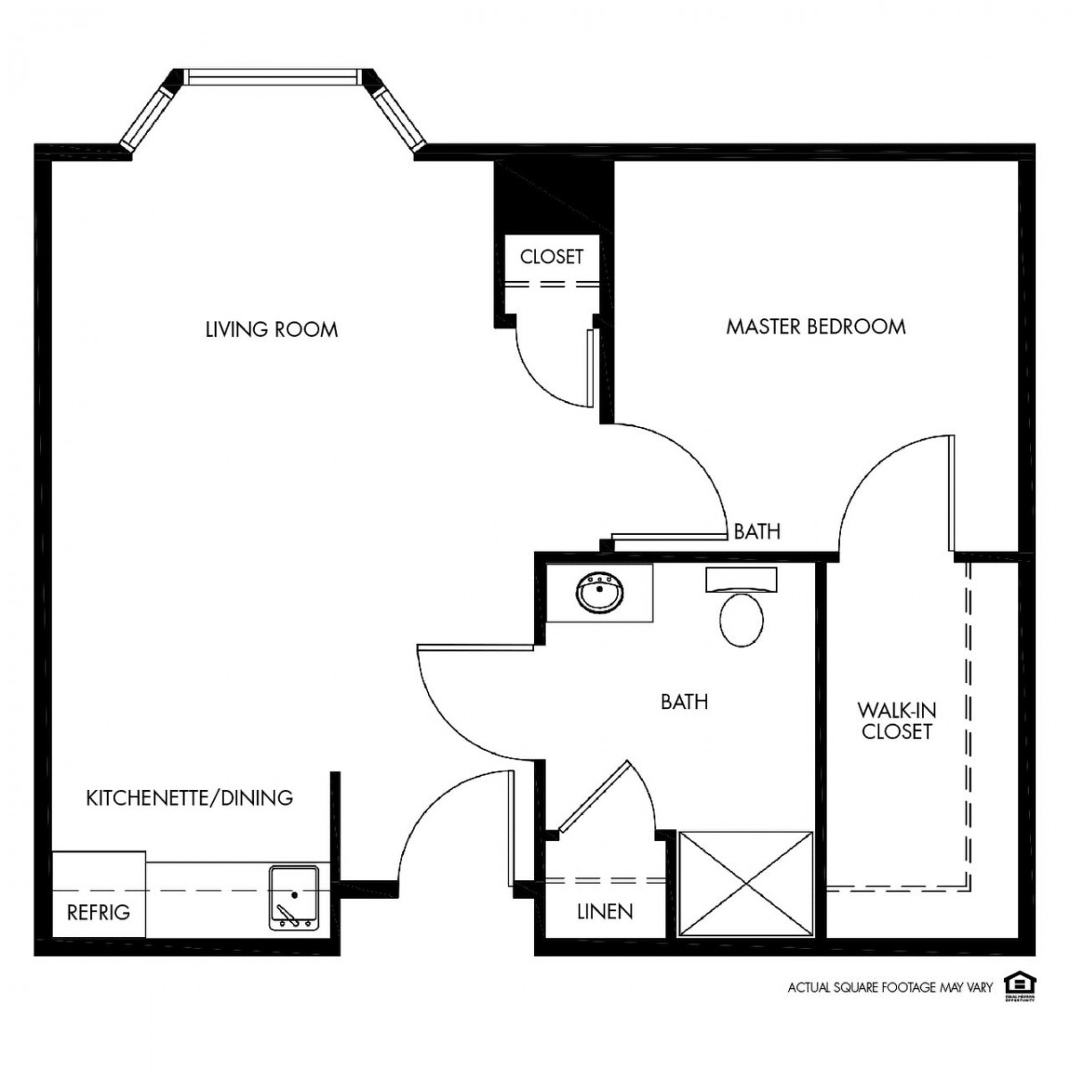 A floor plan of a single-bedroom apartment, featuring a living room, kitchen area, bathroom, master bedroom with walk-in closet.