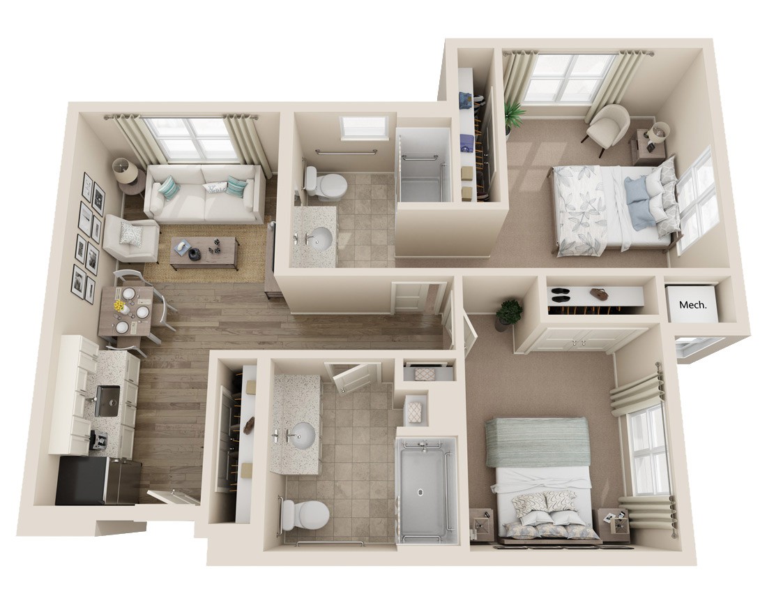 A 3D floor plan of an apartment featuring two bedrooms, a kitchen, and two bathrooms.