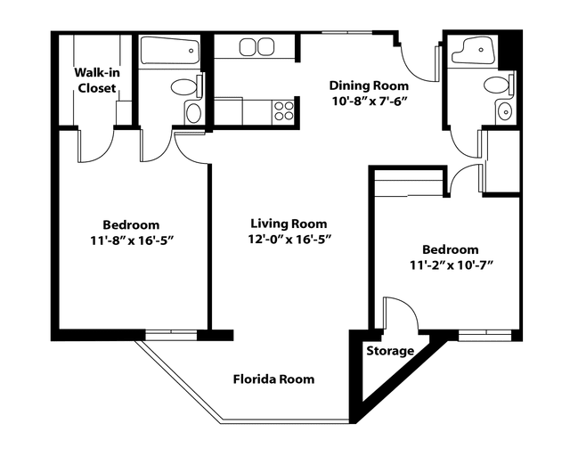 A detailed floor plan of a two-bedroom apartment with designated rooms including a dining room, living room, Florida room, bathroom, and walk-in closet.