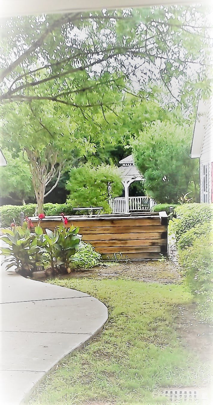 A serene garden featuring a wooden planter and a small gazebo surrounded by lush greenery.