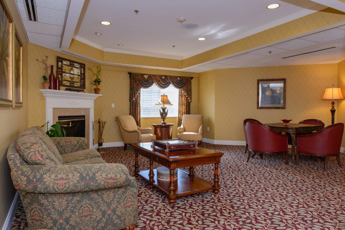 A cozy living room with a fireplace, comfortable seating, and elegant decor.