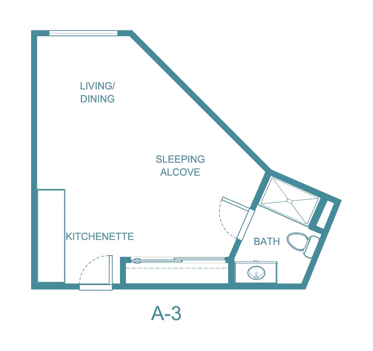 A floor plan of a studio apartment featuring a living/dining area, sleeping alcove, kitchenette, and bathroom.