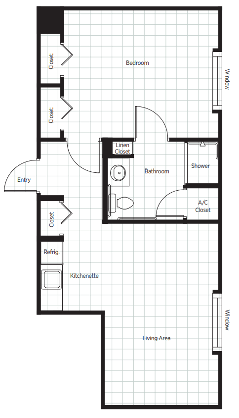 A simple floor plan of an apartment showing the layout of rooms and details like a bathroom, closet, and kitchen area.