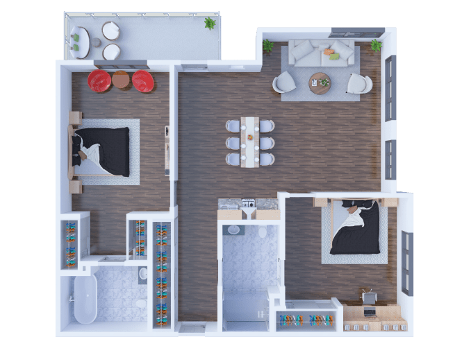 A detailed floor plan of a modern apartment featuring two bedrooms, a living area, dining space, and a kitchen.
