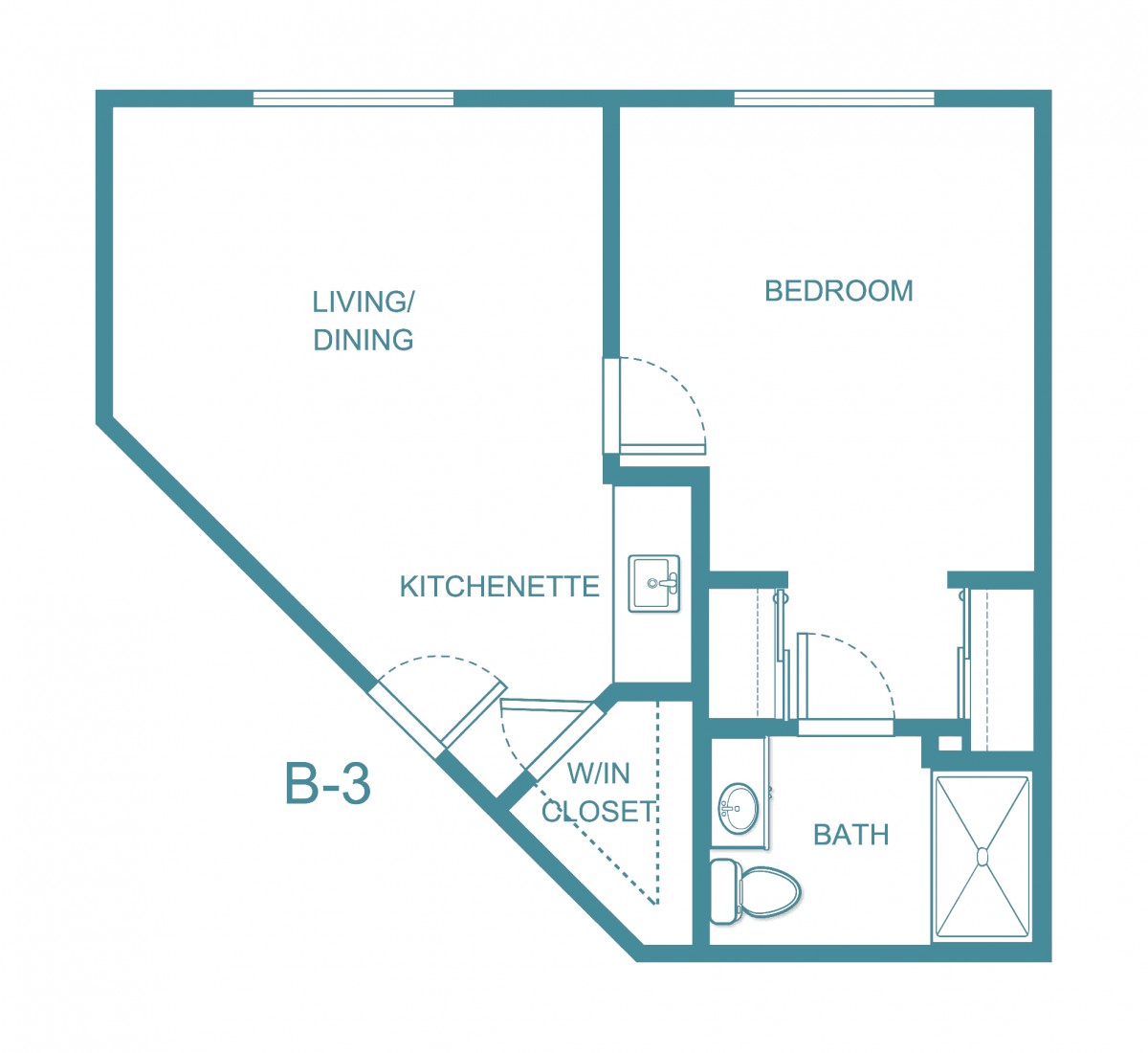 A blueprint of a one-bedroom apartment with living/dining area, kitchenette, bath, and walk-in closet.