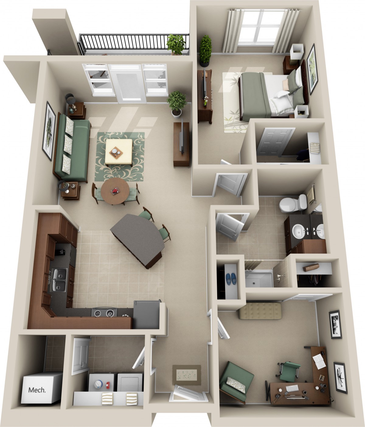 A 3D floor plan of a modern two-bedroom apartment with open living space.