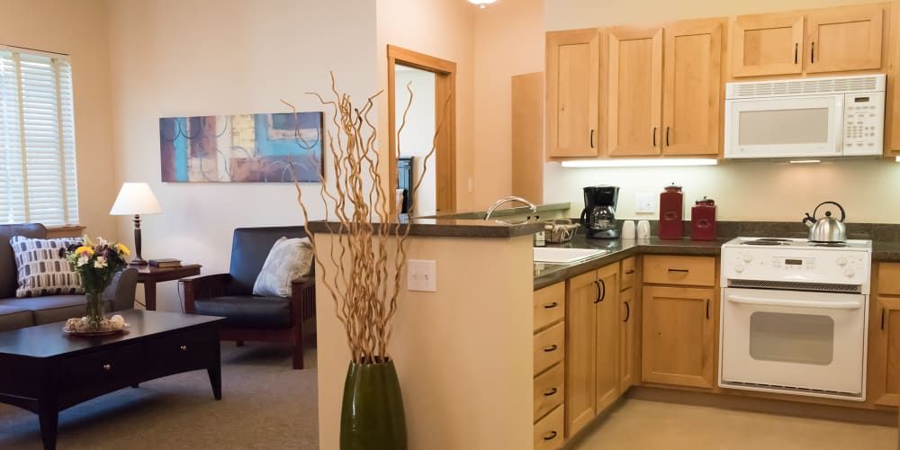 Modern open-space kitchen with wood cabinets and living area.