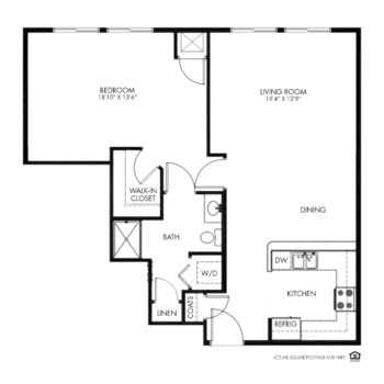 Floor plan of a one-bedroom apartment highlighting kitchen, living room, bedroom, and bathroom.