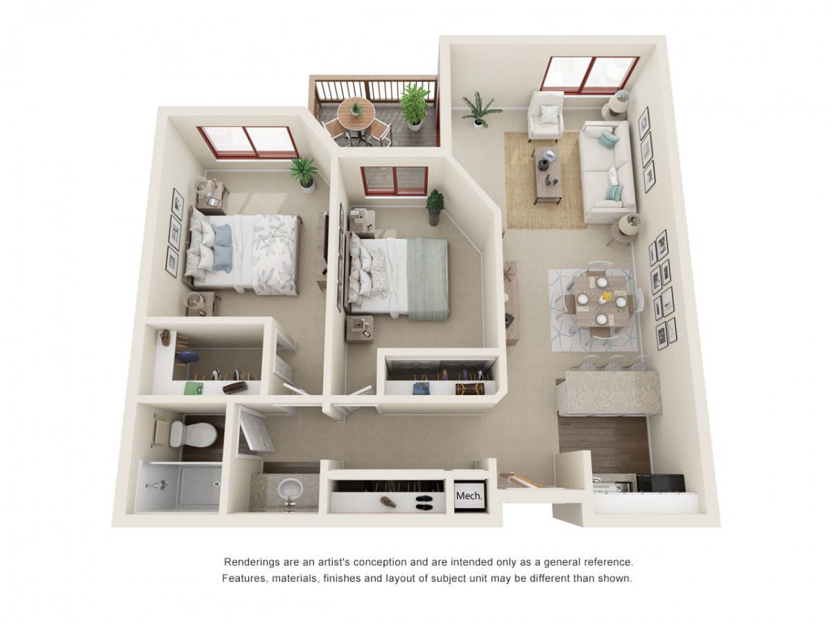 A 3D floor plan of a residential apartment featuring two bedrooms, a bathroom, a kitchen, and a living area.