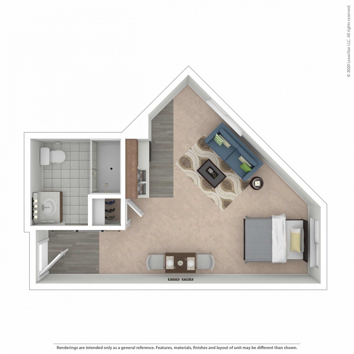 A floor plan of a small apartment with one bedroom, a bathroom, and an open living space.