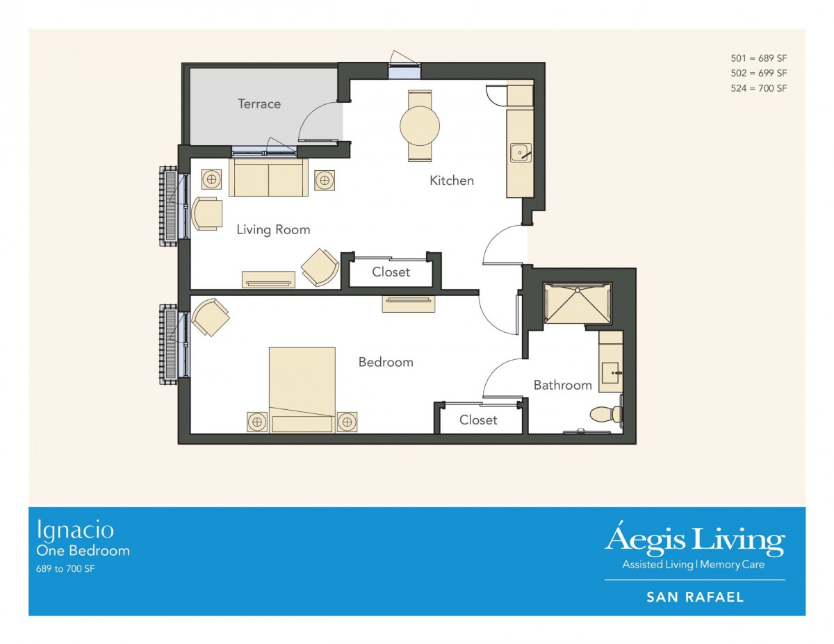 A floor plan of a one-bedroom apartment showing the layout of the living room, kitchen, bathroom, and closet.