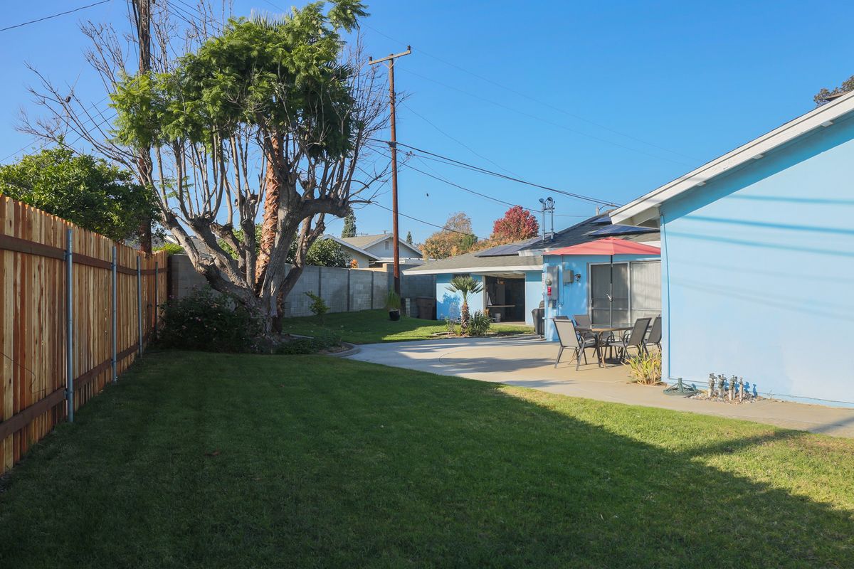 A backyard with a lawn, tree, patio area, and residential house on a sunny day.