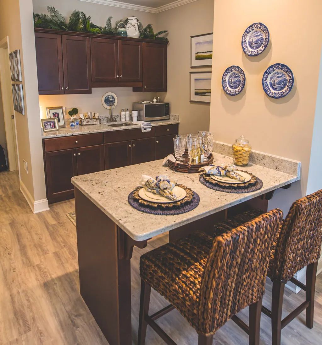 Cozy kitchen area with a countertop dining setup and decorative plates on the wall.