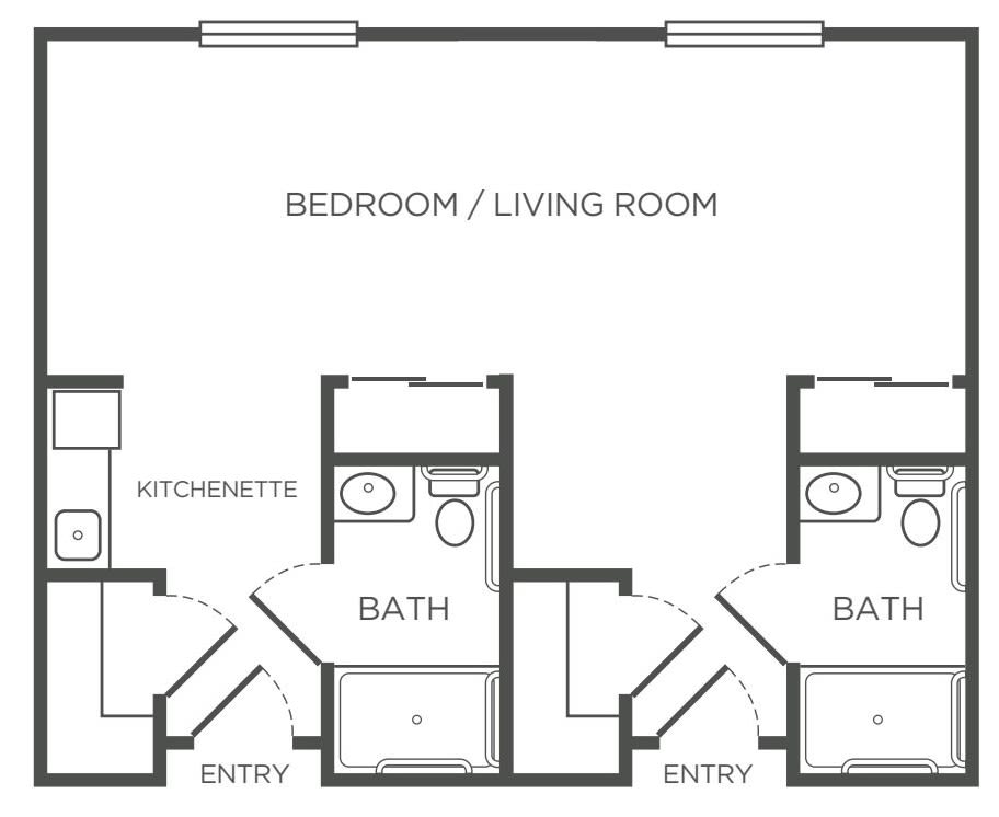 Floor plan of studio apartments with kitchenette and bath layout.