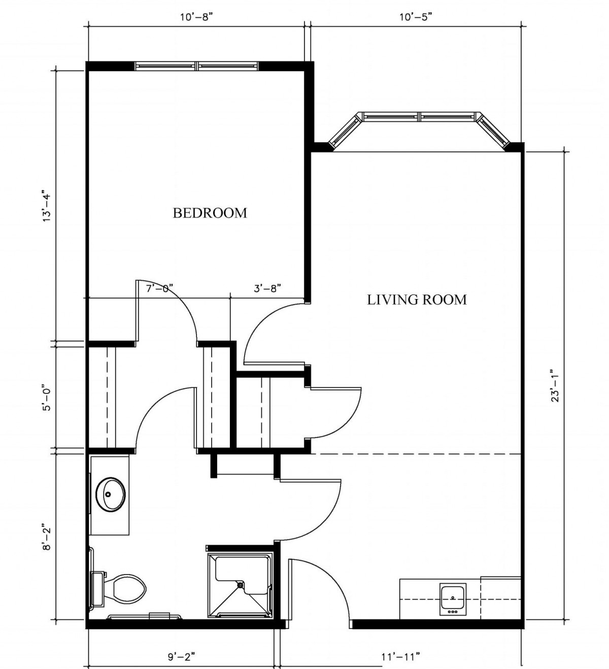 Floor plan of a one-bedroom apartment with labeled rooms.