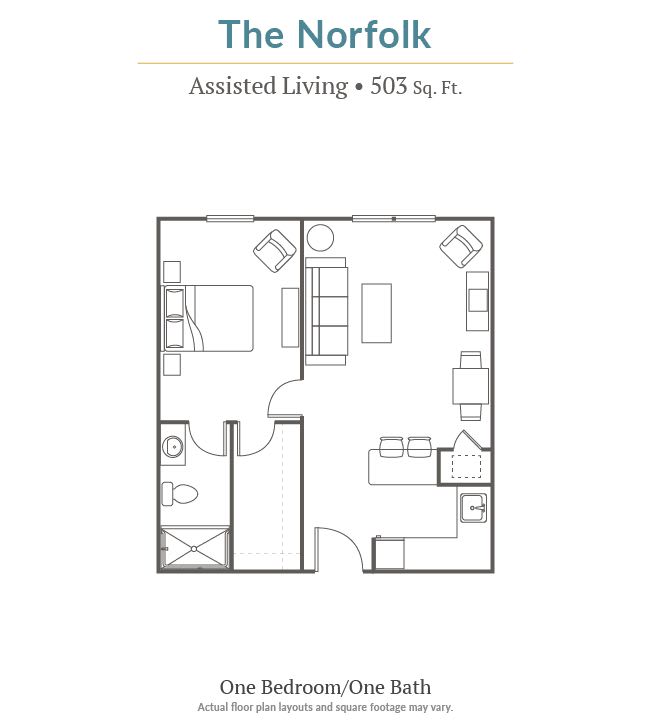 The Norfolk Assisted Living Floor Plan - 505 sq. ft.