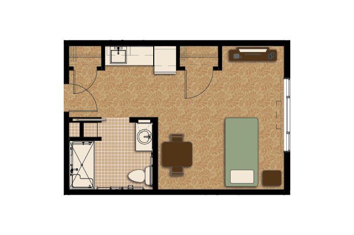Studio apartment floor plan with living area, kitchen, and bathroom.