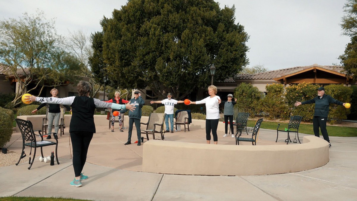 A group of people engaging in outdoor exercise and stretching in a park.