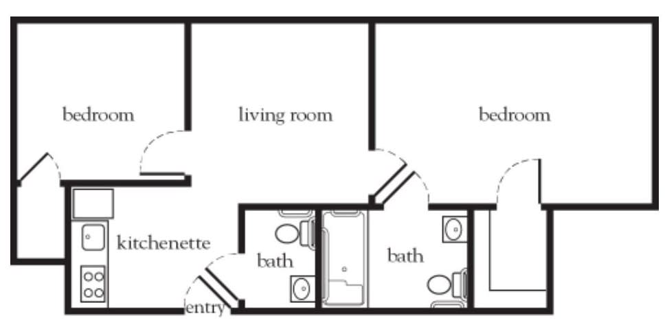 A floor plan of a two-bedroom apartment with bathrooms, a kitchenette, living room, and entryway.