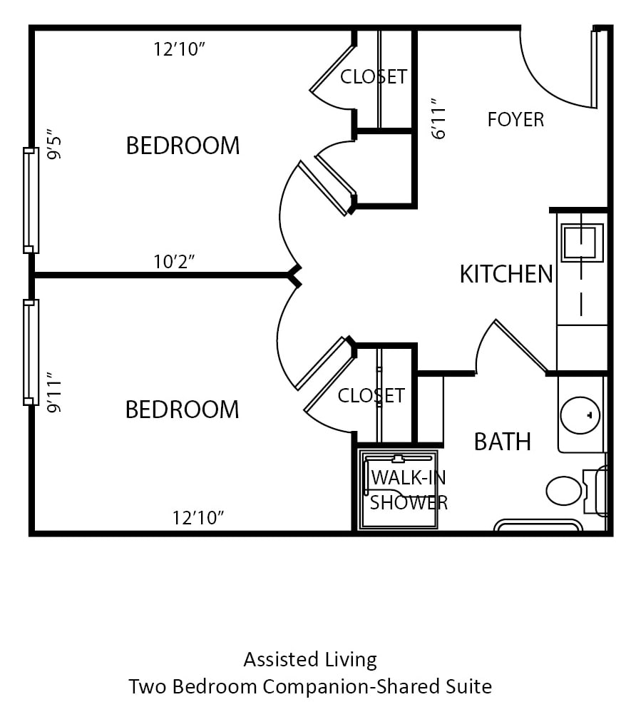 A floor plan of a two-bedroom assisted living apartment.