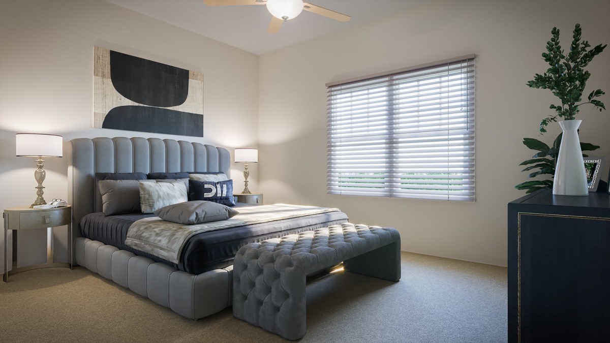 A modern bedroom with stylish furnishings and ample natural light.