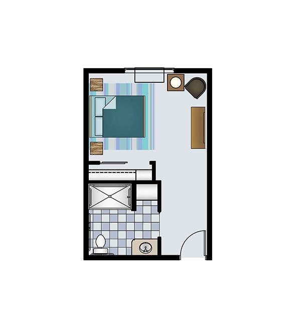 A compact studio apartment floor plan featuring a bedroom, bathroom, and living area.