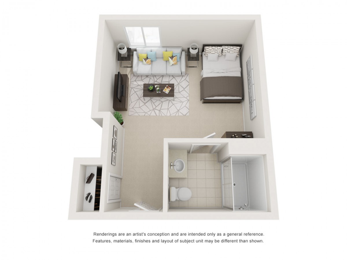 3D floor plan of a studio apartment with a combined bedroom and living area, featuring a kitchenette and bathroom.