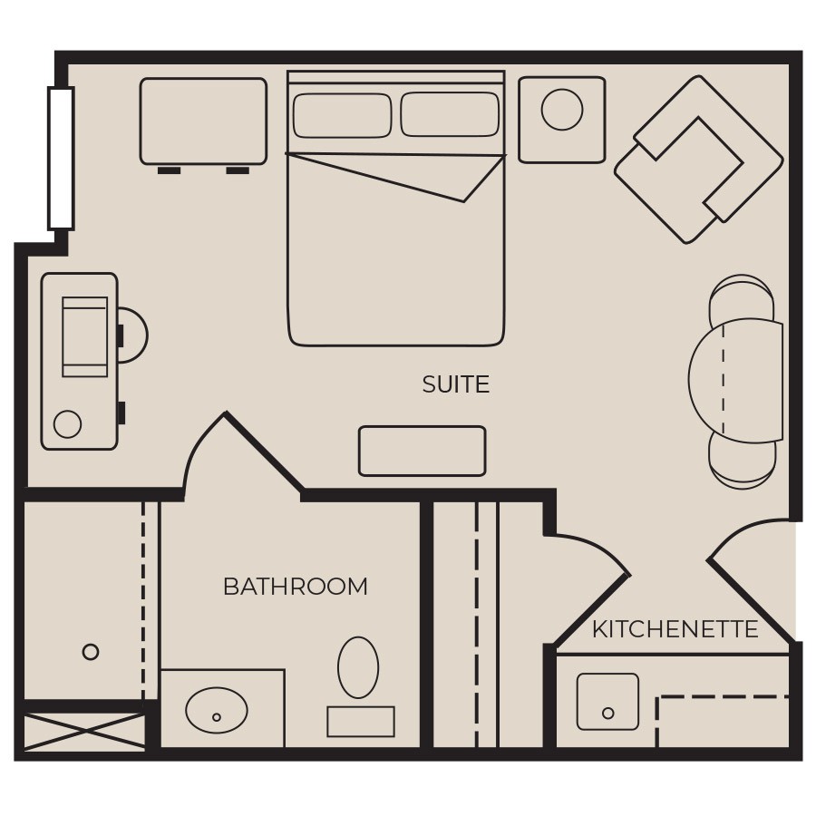 Floor plan of a studio apartment with a kitchenette and bathroom.