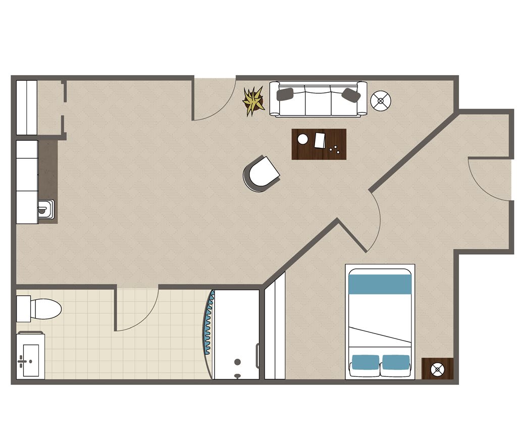 Floor plan of a one-bedroom apartment with living room, kitchen, bathroom, and bedroom.