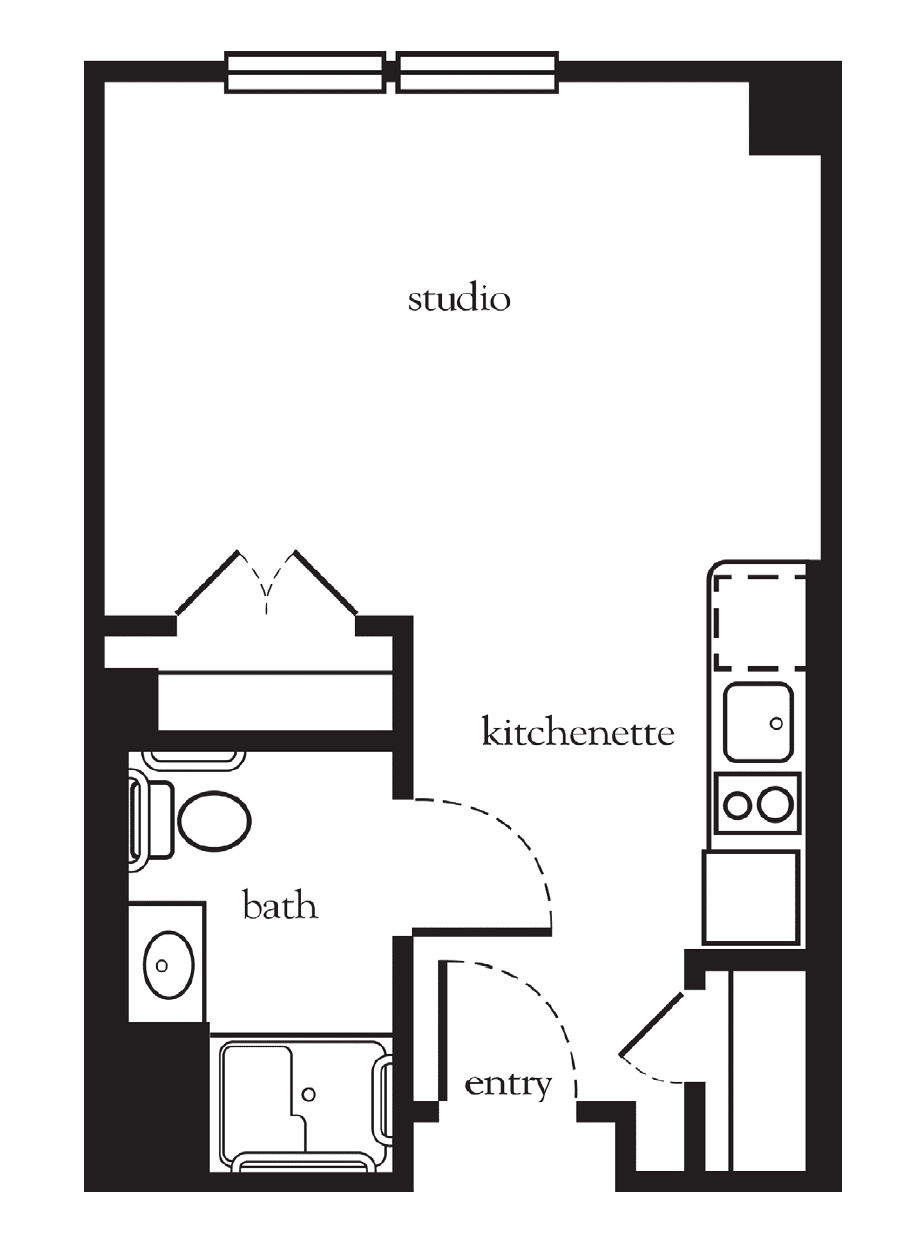 A floor plan of a studio apartment featuring a kitchenette and bathroom.