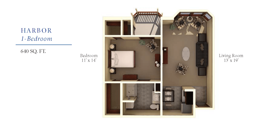 A detailed floor plan of a one-bedroom apartment featuring a living room, kitchen, bathroom, and balcony.