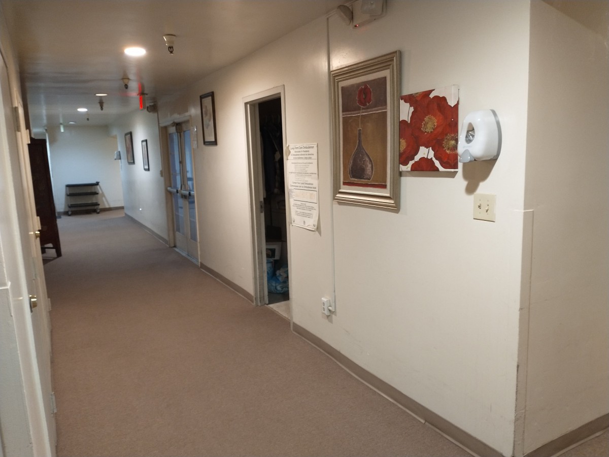 A hallway with carpeted floors, featuring a door, paintings on the walls, and a wall-mounted dispenser.