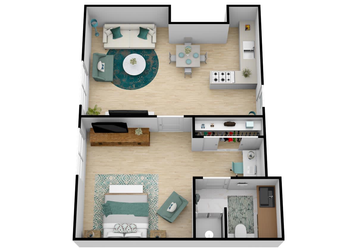 A 3D floor plan of a one-bedroom apartment featuring a living room, kitchen, and bathroom.