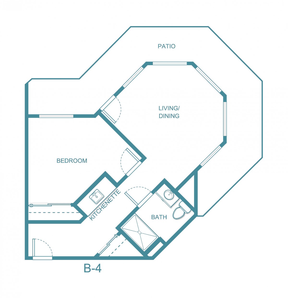 A blueprint layout of a one-bedroom apartment featuring a living/dining area, kitchen, bedroom, and bathroom.