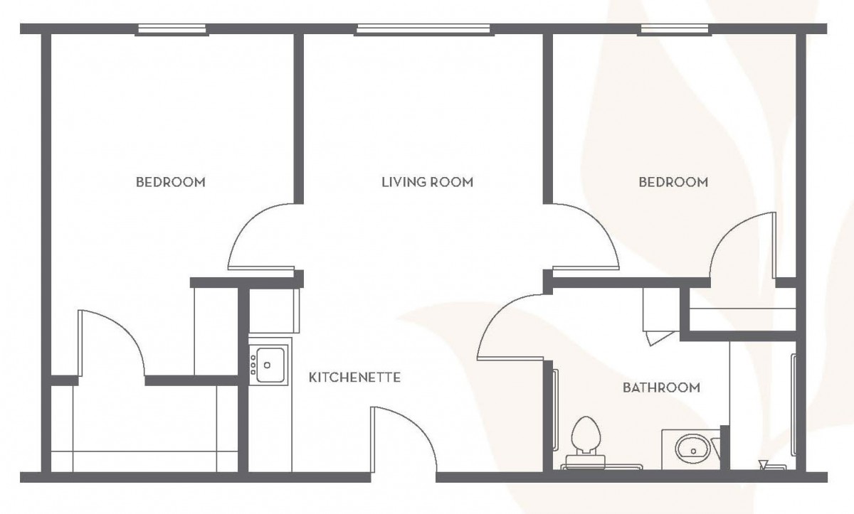 A simple floor plan of an apartment featuring a living room, bedroom, bathroom, and kitchenette.