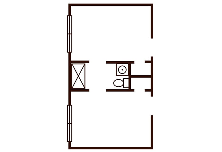 Diagram of a bathroom floor plan with toilet and partition walls.