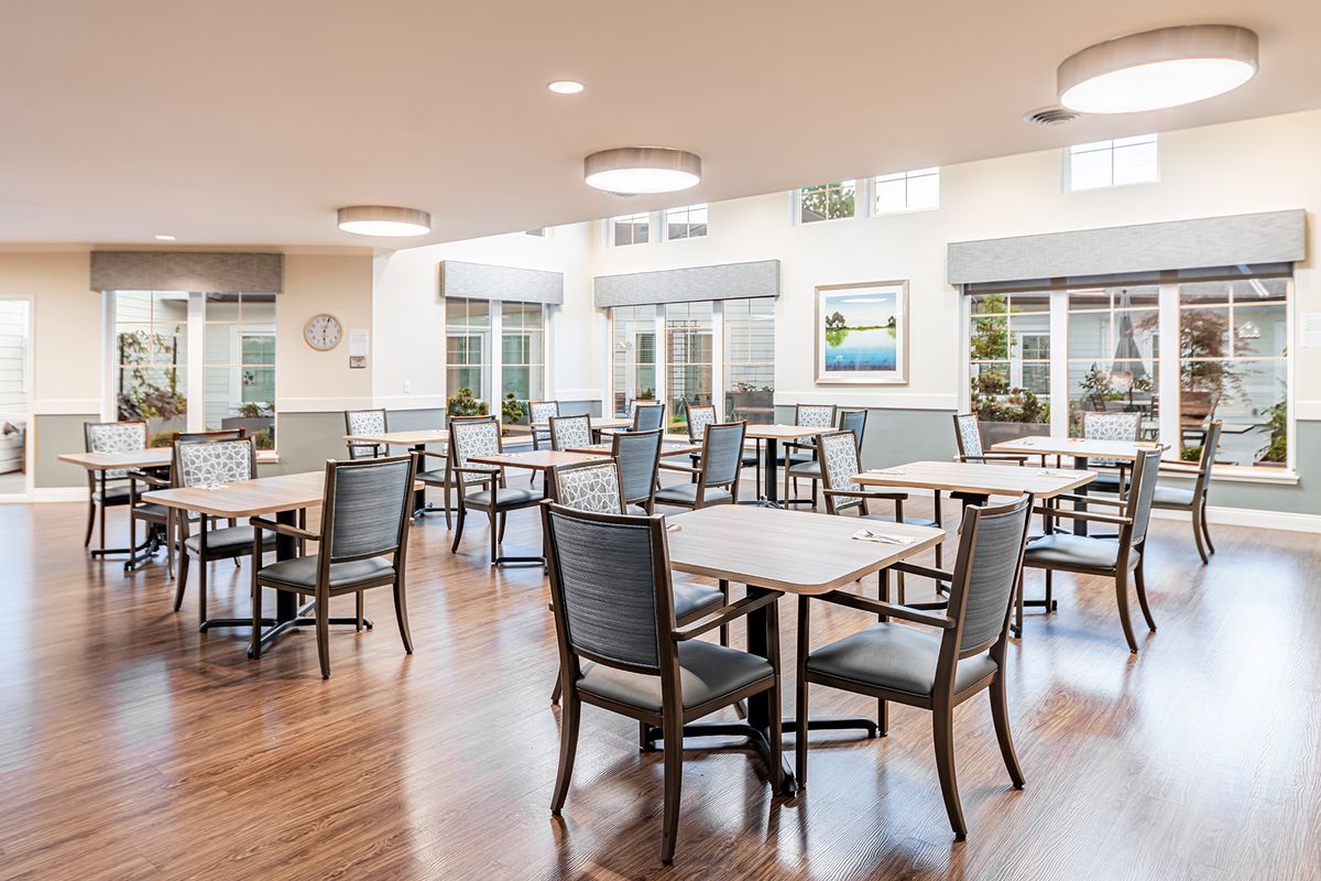 A modern dining area with neatly arranged tables and chairs, featuring large windows and wooden flooring.