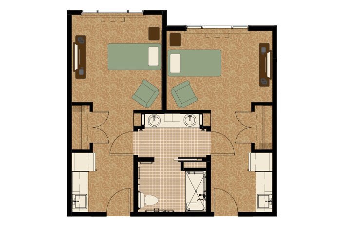 A floor plan showing a layout with two bedrooms and a shared bathroom.
