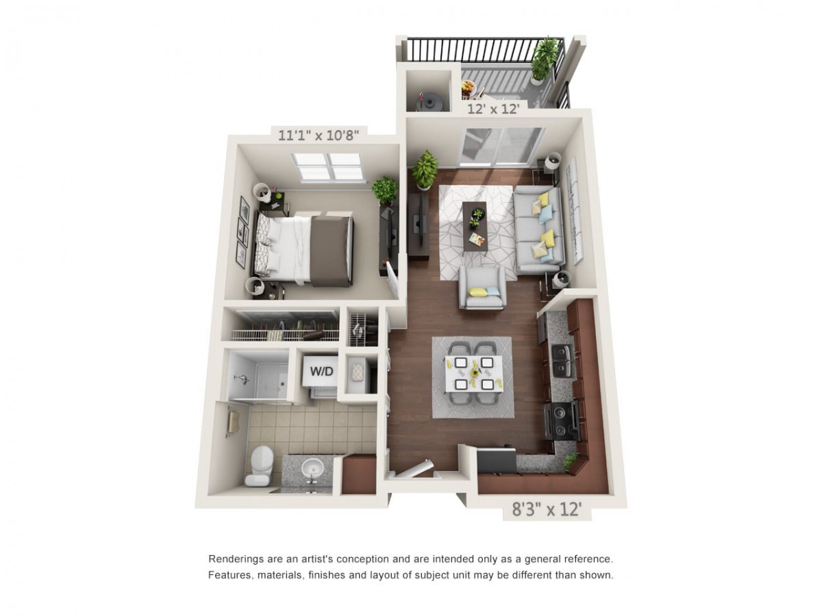 A 3D floor plan of a one-bedroom apartment featuring a living room, kitchen, bathroom, and balcony.