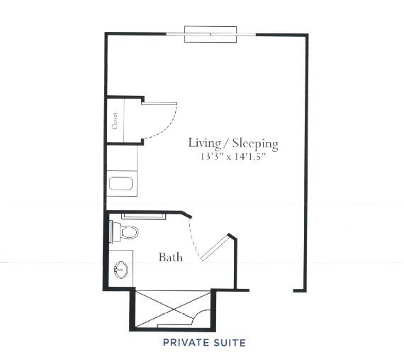 A floor plan of a studio apartment featuring a combined living/sleeping area and a bathroom.