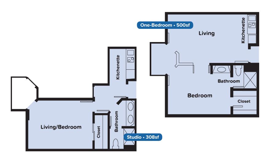 Floor plan showing layouts for a one-bedroom and studio apartment.