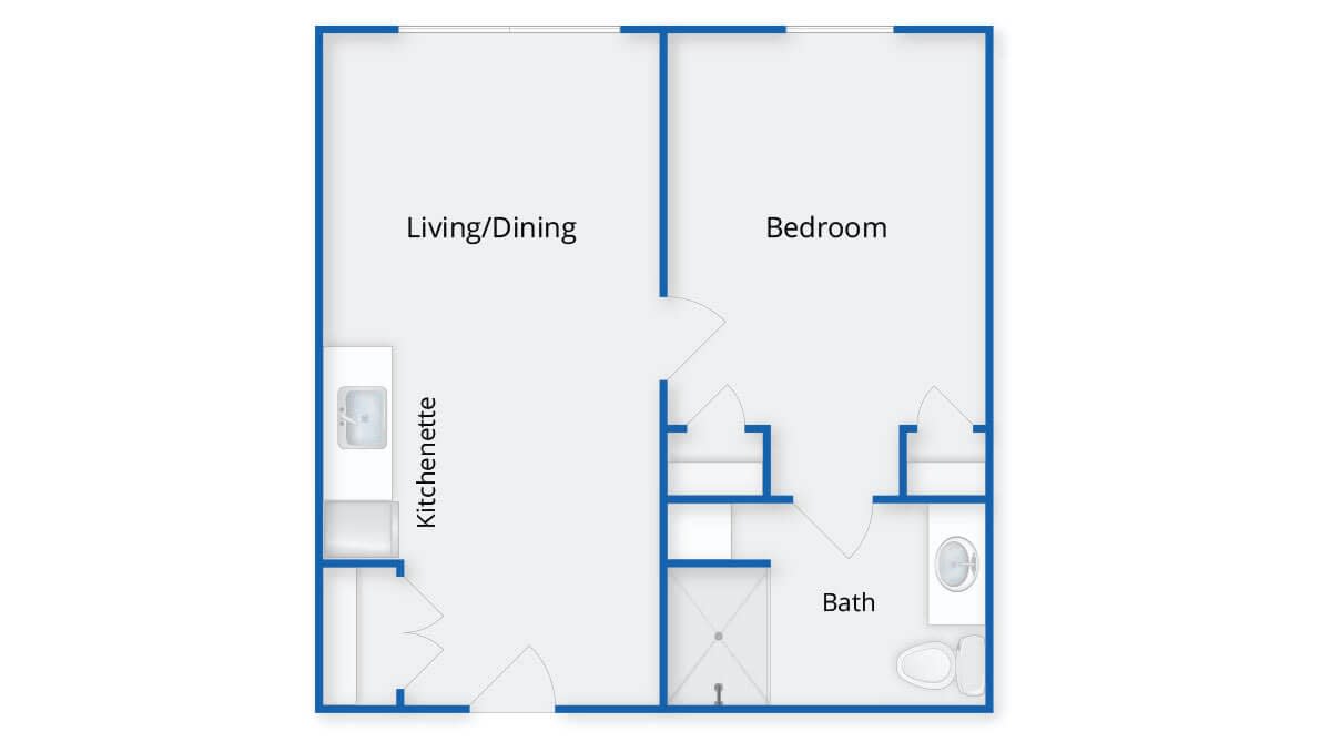 One-bedroom apartment floor plan with living/dining area, kitchenette, and bathroom.