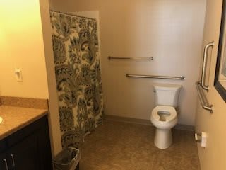 A bathroom with a toilet, sink, and shower area.