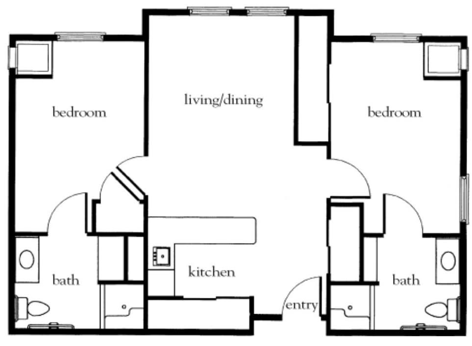 A floor plan depicting a two-bedroom apartment with labeled rooms including living/dining, kitchen, and bathroom.