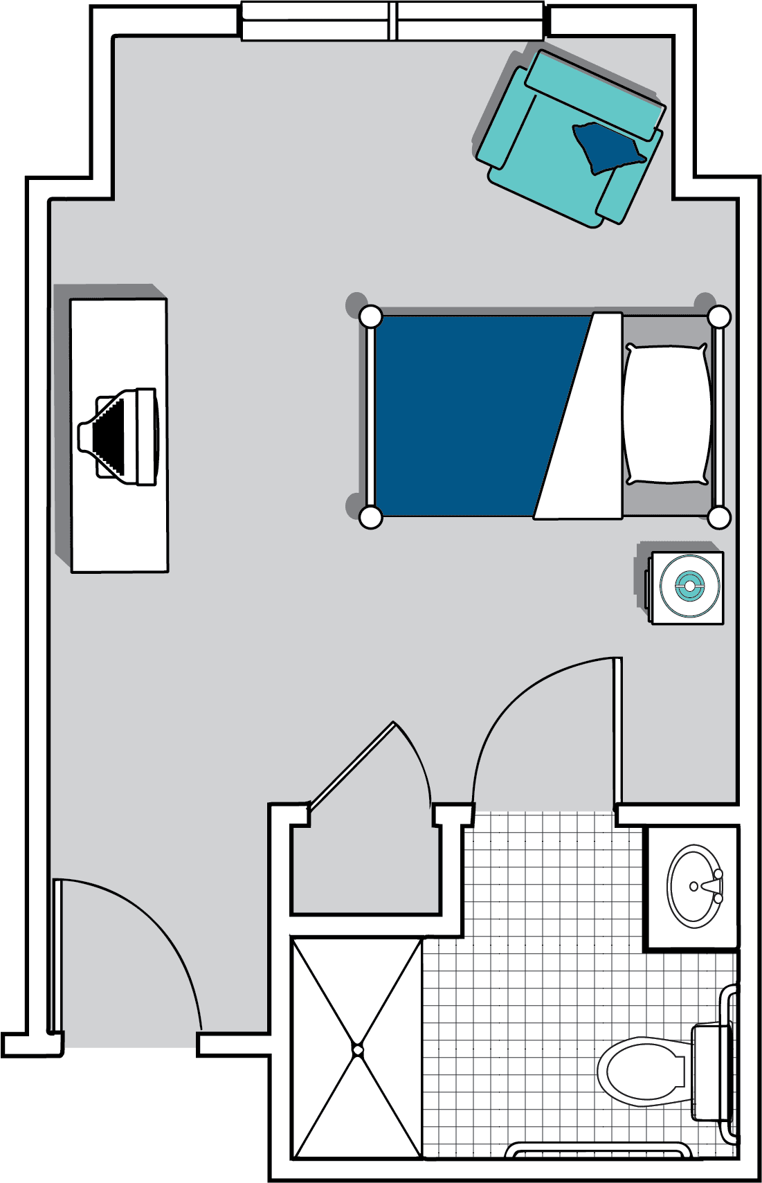 A simple floor plan of a bedroom with a bed, desk, and bathroom.