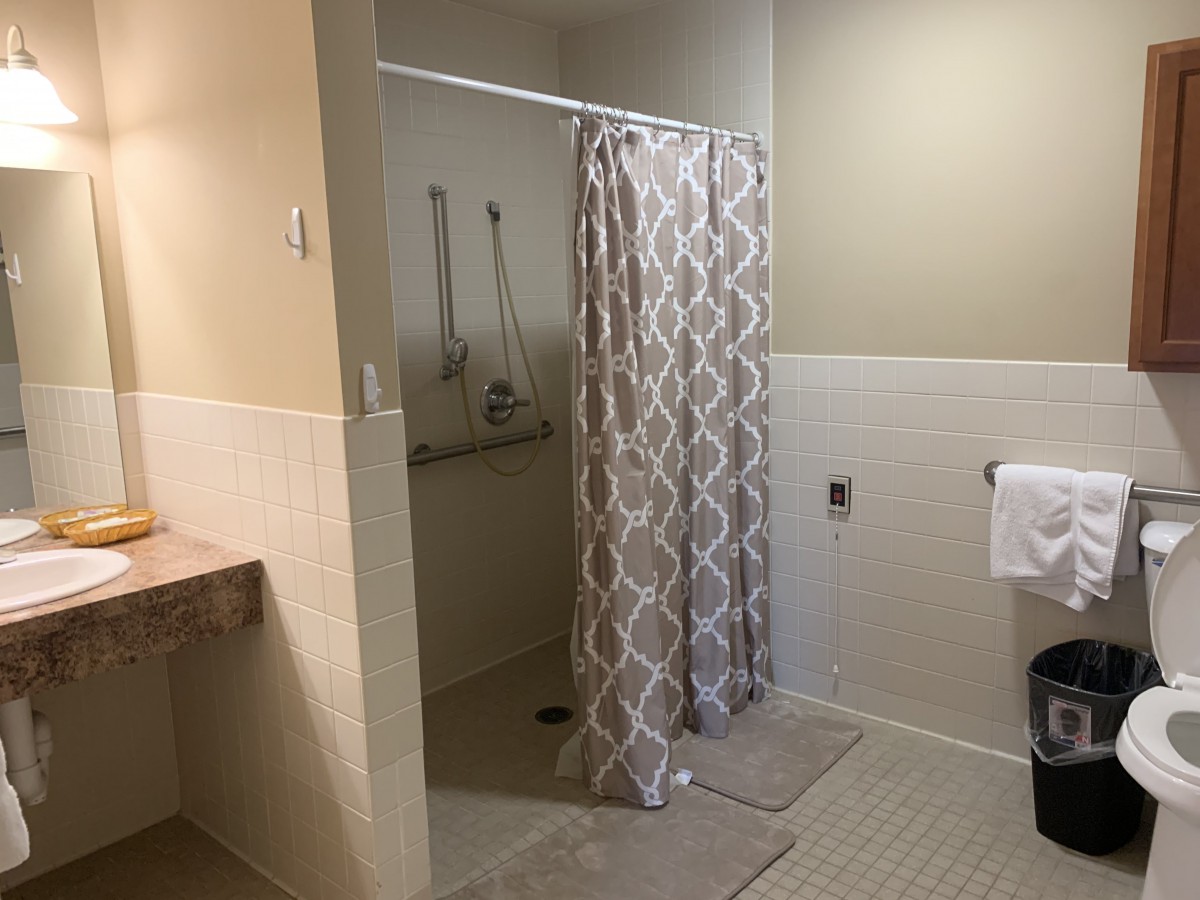 An accessible bathroom with a shower area featuring handrails, a patterned shower curtain, and a towel hanging on the wall.