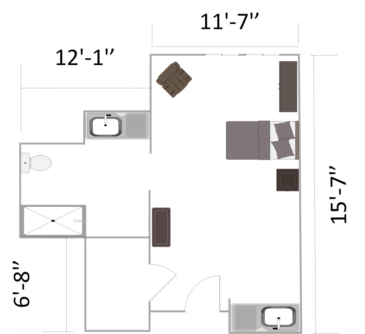 A floor plan featuring a bedroom with attached bathroom, showcasing dimensions and furniture placement.